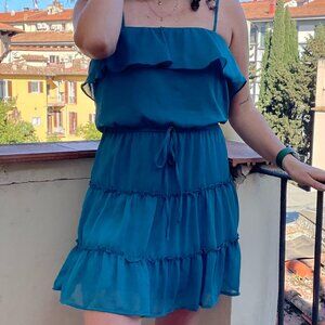 Daytrip Dark Green Teal Sleeveless Tiered Chiffon Mini Dress | Size S